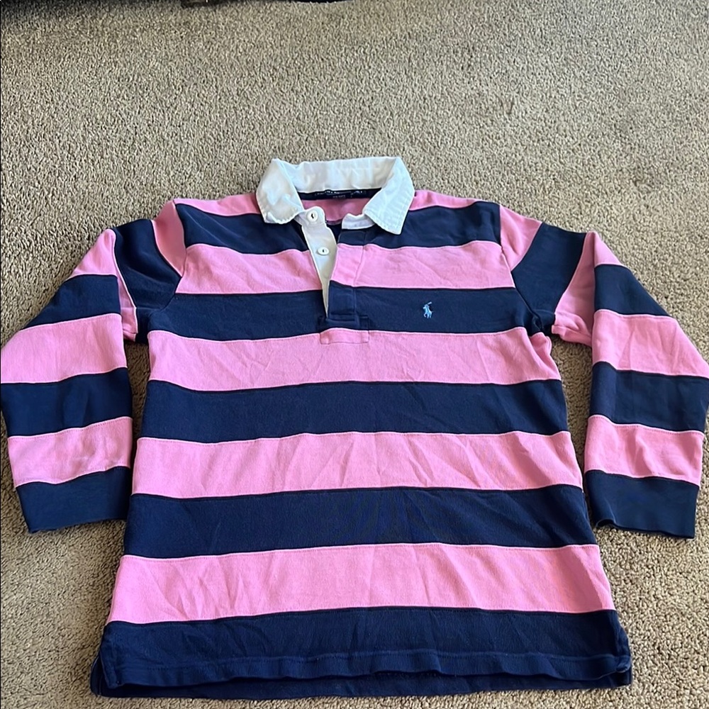 Vintage HTF Striped Pink and Blue Kids RALPH Lauren Polo Rugby Shirt EUC